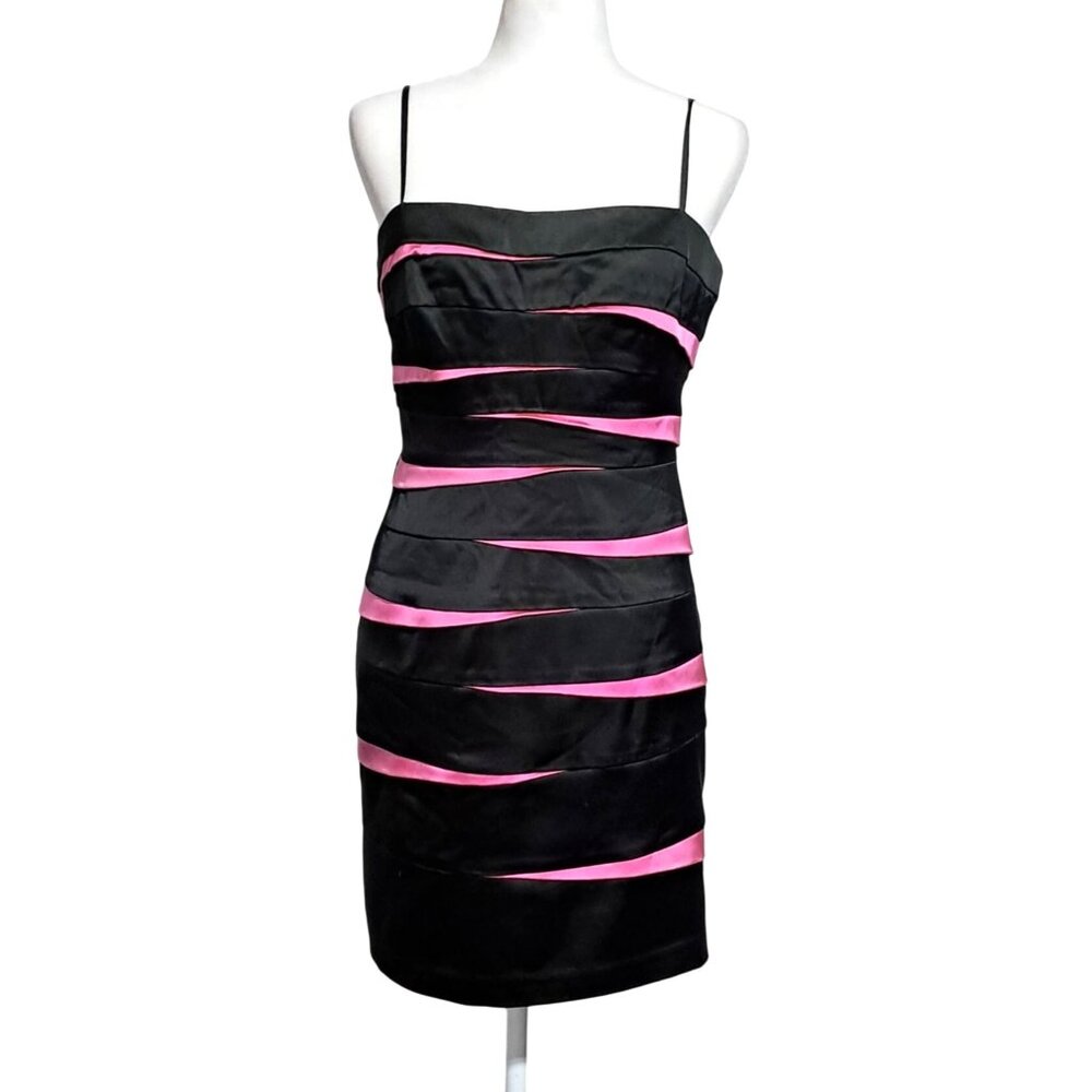 Y2K Betsy & Adam Black Fuchsia Satin Wave Cocktail Mini Dress Size 14 Going Out